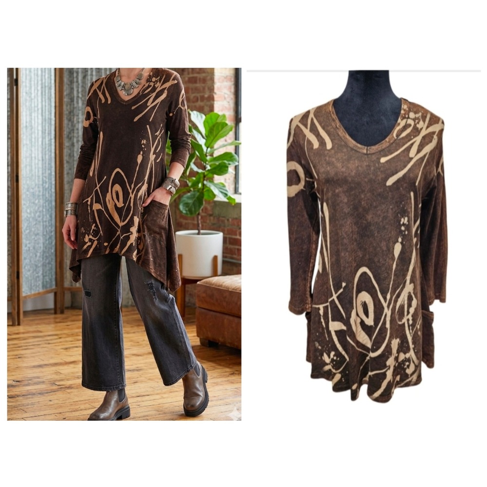 Jess & Jane Tunic Top Womens Small Brown Mineral Wash Abstract Graphic Lagenlook